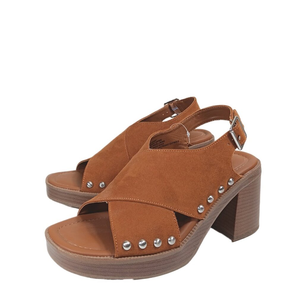 Torrid Studded Sandals Womens 8.5WW Cognac Faux Suede Chunky Criss Cross Mules